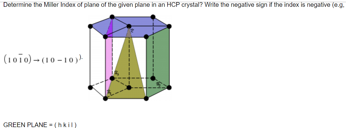 Determine the Miller Index of plane of the given plane in an HCP crystal? Write the negative sign if the index is negative (e.g,
(1010) → (10 – 10).
GREEN PLANE = ( h kil)
