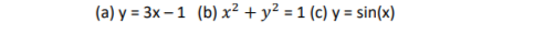 (a) y = 3x-1 (b) x² + y² = 1 (c) y = sin(x)