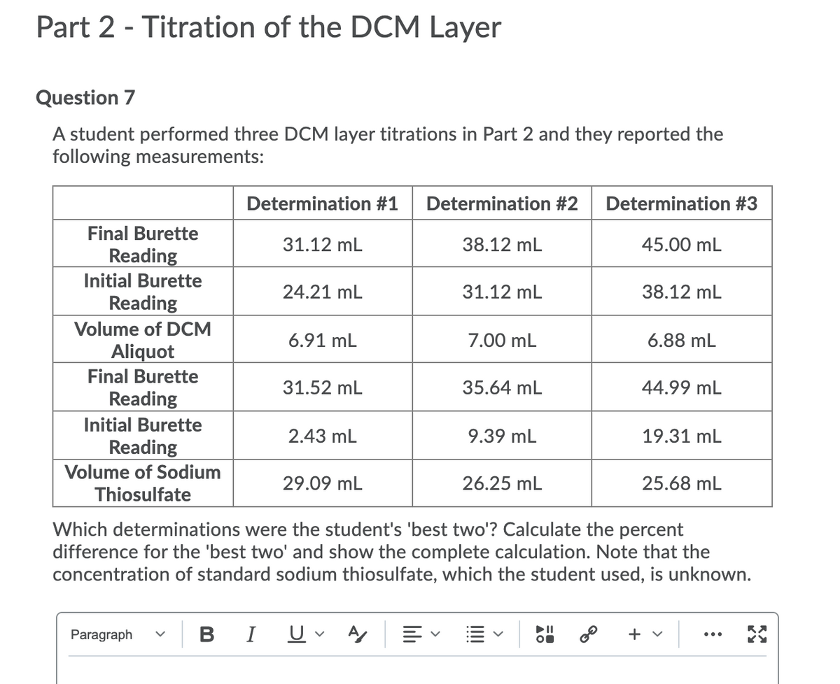 Part 2 - Titration of the DCM Layer
Question 7
A student performed three DCM layer titrations in Part 2 and they reported the
following measurements:
Determination #1
Determination #2
Determination #3
Final Burette
31.12 mL
38.12 mL
45.00 mL
Reading
Initial Burette
24.21 mL
31.12 mL
38.12 mL
Reading
Volume of DCM
6.91 mL
7.00 mL
6.88 mL
Aliquot
Final Burette
31.52 mL
35.64 mL
44.99 mL
Reading
Initial Burette
2.43 mL
9.39 mL
19.31 mL
Reading
Volume of Sodium
29.09 mL
26.25 mL
25.68 mL
Thiosulfate
Which determinations were the student's 'best two'? Calculate the percent
difference for the 'best two' and show the complete calculation. Note that the
concentration of standard sodium thiosulfate, which the student used, is unknown.
Paragraph
В
I
+ v
...
lili
