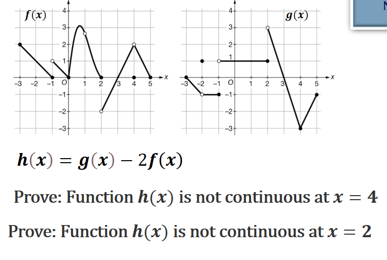 4-
4
f(x)
g(x)
3
2-
2-
1
-2
2
3 4 5
-3-2 -1O
1
4 5
-1-
-1
-2-
-2-
-3
-3
h(x) = g(x) – 2f(x)
Prove: Function h(x) is not continuous at x = 4
Prove: Function h(x) is not continuous at x = 2
3)
2.
3.
