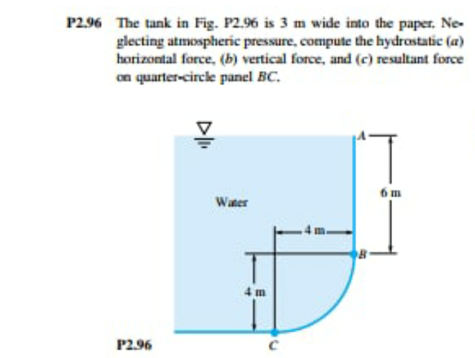 P2.96 The tank in Fig. P2.96 is 3 m wide into the paper. Ne-
glecting atmospheric pressure, compute the hydrostatic (a)
horizontal force, (b) vertical force, and (c) resultant force
on quarter-circle panel BC.
6m
Water
4 m
P2.96
