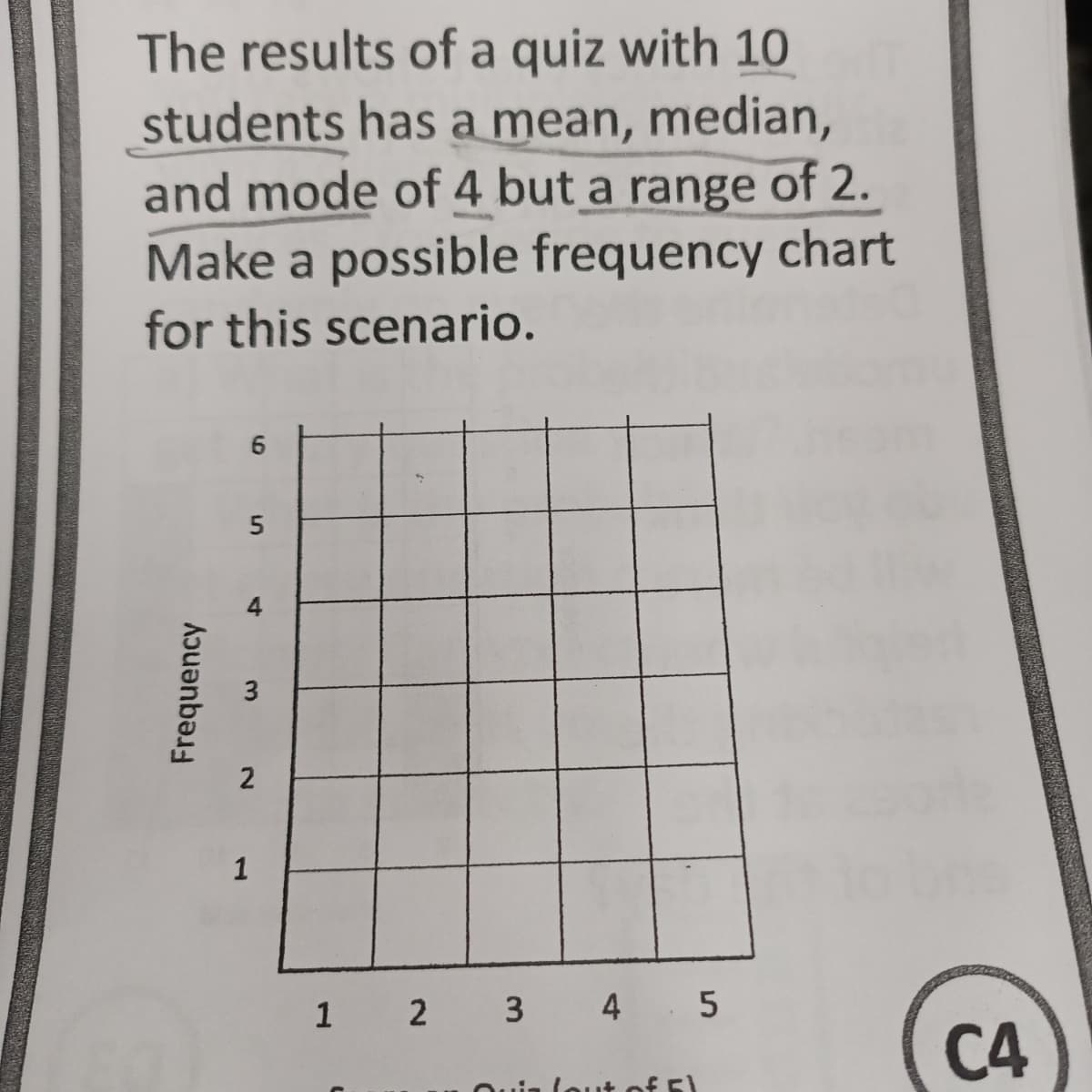 The results of a quiz with 10
students has a mean, median,
and mode of 4 but a range of 2.
Make a possible frequency chart
for this scenario.
Frequency
6
5
4
2
1
1 2 3 4 5
Qui
lout of 5)
C4