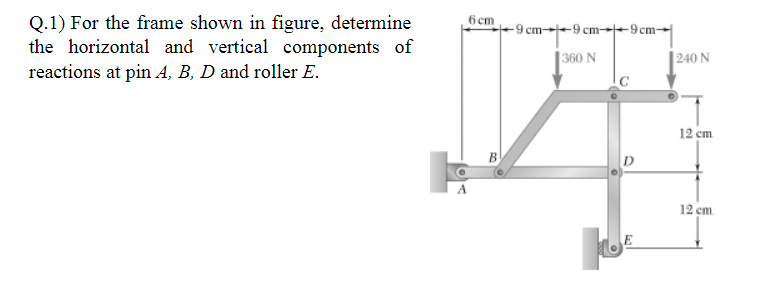 6 cm
-9 cm--9 cm--9 cm-
Q.1) For the frame shown in figure, determine
the horizontal and vertical components of
reactions at pin A, B, D and roller E.
360 N
| 240 N
12 ст
B
12 cm
