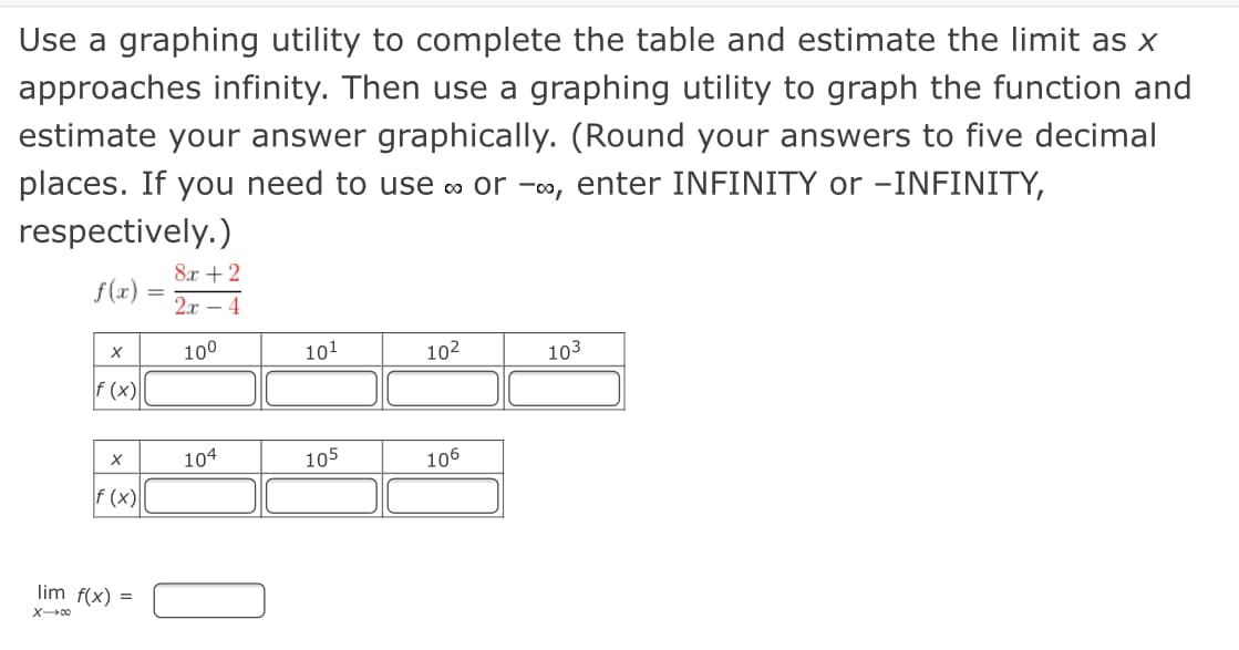 Use a graphing utility to complete the table and estimate the limit as x
approaches infinity. Then use a graphing utility to graph the function and
estimate your answer graphically. (Round your answers to five decimal
places. If you need to use cm or -oo, enter INFINITY or -INFINITY,
respectively.)
8x + 2
f(x)
2л — 4
100
101
102
103
f (x)
104
105
106
f (x)
lim f(x) =
X00
