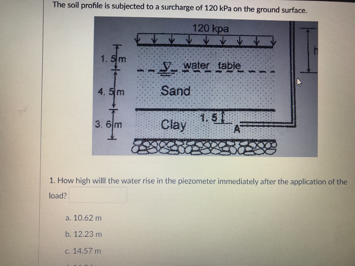 The soil profile is subjected to a surcharge of 120 kPa on the ground surface.
120 kpa
1.5m
Swater table
4.5 m
Sand
1.51
Clay
3. 6m
1. How high willl the water rise in the piezometer immediately after the application of the
load?
a. 10.62 m
b. 12.23 m
c. 14.57 m
