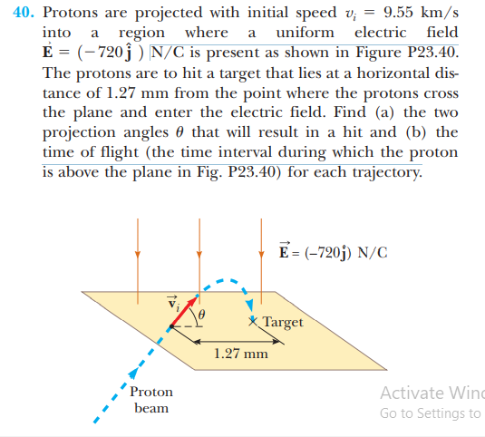 9.55 km/s
40. Protons are projected with initial speed v;
into a region where a uniform
É = (- 720j ) N/C is present as shown in Figure P23.40.
The protons are to hit a target that lies at a horizontal dis-
tance of 1.27 mm from the point where the protons cross
the plane and enter the electric field. Find (a) the two
projection angles 0 that will result in a hit and (b) the
time of flight (the time interval during which the proton
is above the plane in Fig. P23.40) for each trajectory.
electric field
E = (-720j) N/C
* Target
1.27 mm
Proton
Activate Winc
Go to Settings to
beam
