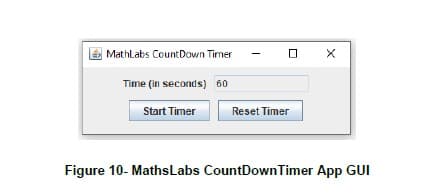 0
MathLabs CountDown Timer
Time (in seconds) 60
Start Timer
Reset Timer
Figure 10- Maths Labs CountDown Timer App GUI
X