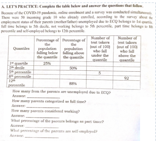 A. LET'S PRACTICE: Complete the table below and answer the questions that follow.
Because of the COVID-19 pandemic, online enrolment and a survey was conducted simultancously.
There were 50 incoming grade 10 who already enrolled, according to the survey about the
employment status of their parents (mother/father) unemployed due to ECQ belongs to Ist quartile.
full time belongs to 5th decile, not working belongs to 5th percentile, part time belongs to &
percentile and self-employed belongs to 12th percentile.
Number of
test takers
Percentage of Percentage of Number of
the
population
falling below falling above
the quantile the quantile
test takers
(out of 100) (out of 100}
who fall
under the
quantile
the
Quantiles
population
who fall
above the
quantile
25%
1*t quartile
5th decile
5th percentile
8th percentile
12th
50%
92
88%
percentile
How many from the parents are unemployed due to ECQ?
Answer:
How many parents categorized as full time?
Answer:
How many parents considered working?
Answer: ,
What percentage of the parents belongs as part timer?
Answer:
What percentage of the parents are self-employed?
Answer:
