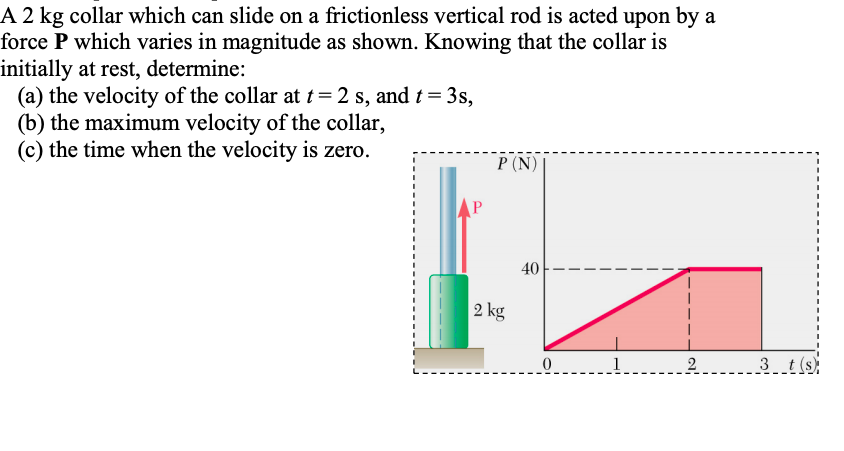 A 2 kg collar which can slide on a frictionless vertical rod is acted upon by a
force P which varies in magnitude as shown. Knowing that the collar is
initially at rest, determine:
(a) the velocity of the collar at t=2 s, and t = 3s,
(b) the maximum velocity of the collar,
(c) the time when the velocity is zero.
P (N)
40
2 kg
1
2 3 t (s)

