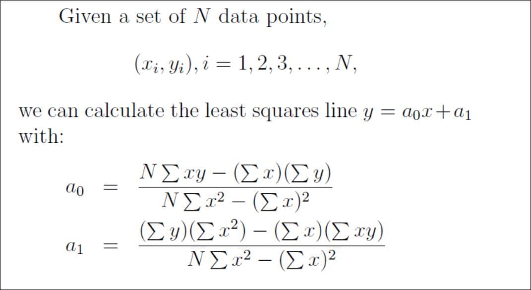 Given a set of N data points,
(x;, Yi), i = 1,2, 3,..., N,
we can calculate the least squares line y
= aox+a1
with:
ΝΣ sy - (Σα) (Σν)
NE a² – (Ex)²
(Συ) (Σ2) -Σ) (Σa)
ΝΣ-(Σ 2?
do
