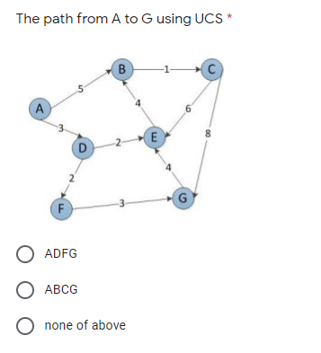 The path from A to G using UCS *
B.
A
6
E
8
D
G
F
O ADFG
О АВСG
ABCG
O none of above
