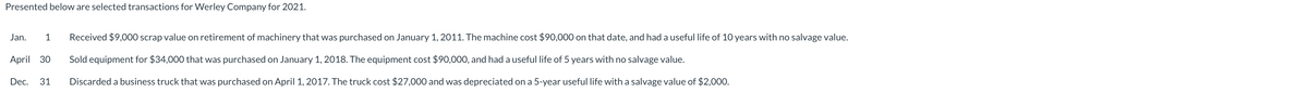 Presented below are selected transactions for Werley Company for 2021.
Jan. 1
April 30
Dec. 31
Received $9,000 scrap value on retirement of machinery that was purchased on January 1, 2011. The machine cost $90,000 on that date, and had a useful life of 10 years with no salvage value.
Sold equipment for $34,000 that was purchased on January 1, 2018. The equipment cost $90,000, and had a useful life of 5 years with no salvage value.
Discarded a business truck that was purchased on April 1, 2017. The truck cost $27,000 and was depreciated on a 5-year useful life with a salvage value of $2,000.