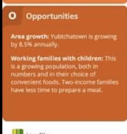 O Opportunities
Area growth: Yubtchatown is growing
by LS% annually.
Working families with children: This
is a growing population, both in
nurmbers and in their choice of
convenienit foods. Two-income familes
have less time to prepare a meal
