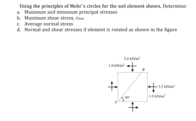 Using the principles of Mohr's circles for the soil element shown, Determine:
a. Maximum and minimum principal stresses
b. Maximum shear stress, Tmax
c. Average normal stress
d. Normal and shear stresses if element is rotated as shown in the figure
5.4 kN/m²
1.9 kN/m²
-3.5 kN/m²
50°
+
+
1.9 kN/m2