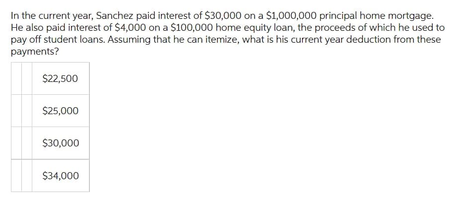 In the current year, Sanchez paid interest of $30,000 on a $1,000,000 principal home mortgage.
He also paid interest of $4,000 on a $100,000 home equity loan, the proceeds of which he used to
pay off student loans. Assuming that he can itemize, what is his current year deduction from these
payments?
$22,500
$25,000
$30,000
$34,000