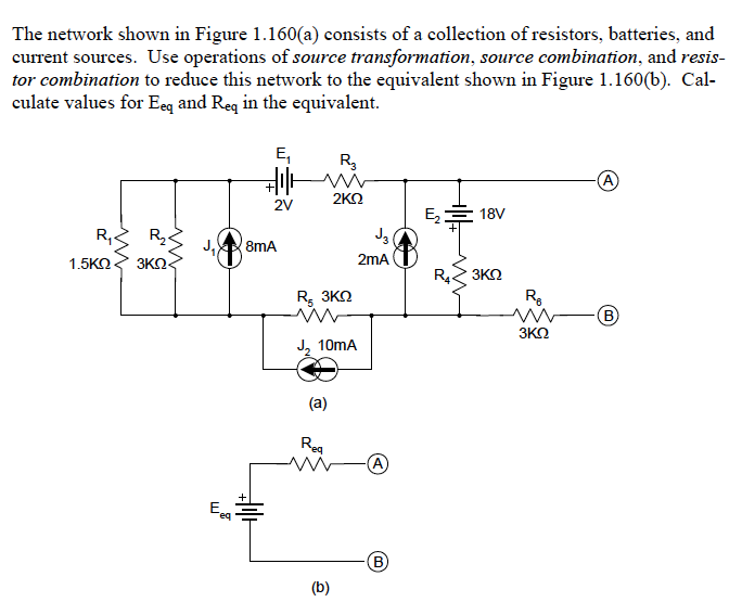 The network shown in Figure 1.160(a) consists of a collection of resistors, batteries, and
current sources. Use operations of source transformation, source combination, and resis-
tor combination to reduce this network to the equivalent shown in Figure 1.160(b). Cal-
culate values for Eeq and Req in the equivalent.
E,
A
2ΚΩ
2V
E,= 18V
R2<
8mA
1.5KΩ
3KO
2mA
R4 3KO
R.
R, 3KN
3KO
J, 10mA
(a)
Reg
A
Eeg
B
(b)
