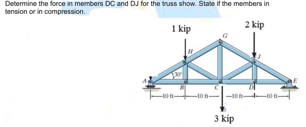 Determine the force in members DC and DJ for the truss show. State if the members in
tension or in compression.
1 kip
2 kip
H
30
E
BI
D|
Fon
-10 ft-
-10 ft-
-10 ft-I-10 ft
3 kip
