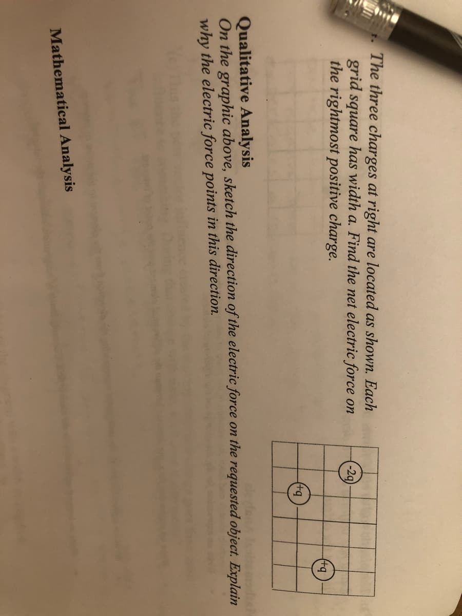 The three charges at right are located as shown. Each
grid square has width a. Find the net electric force on
the rightmost positive charge.
-29
(+q
(+q
Qualitative Analysis
On the graphic above, sketch the direction of the electric force on the requested object. Explain
why the electric force points in this direction.
Mathematical Analysis

