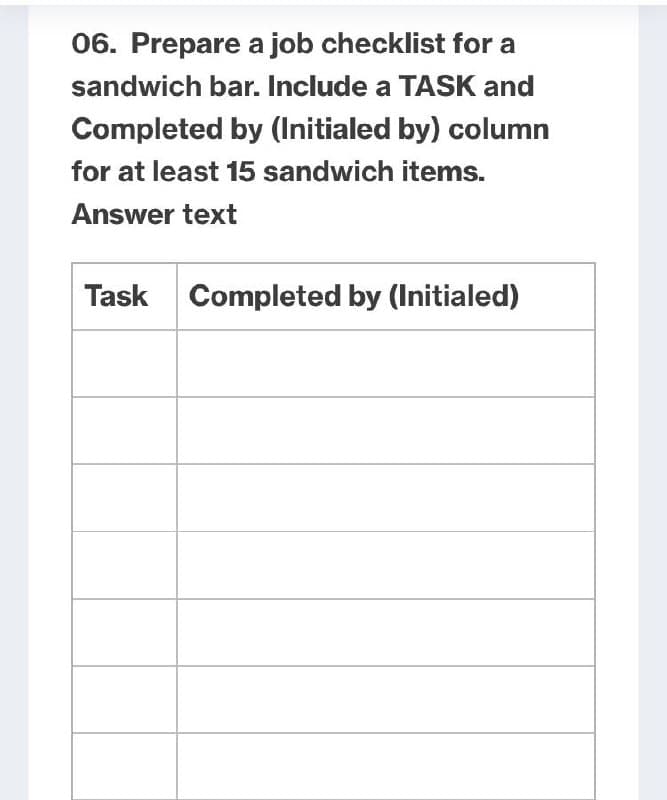 06. Prepare a job checklist for a
sandwich bar. Include a TASK and
Completed by (Initialed by) column
for at least 15 sandwich items.
Answer text
Task Completed by (Initialed)