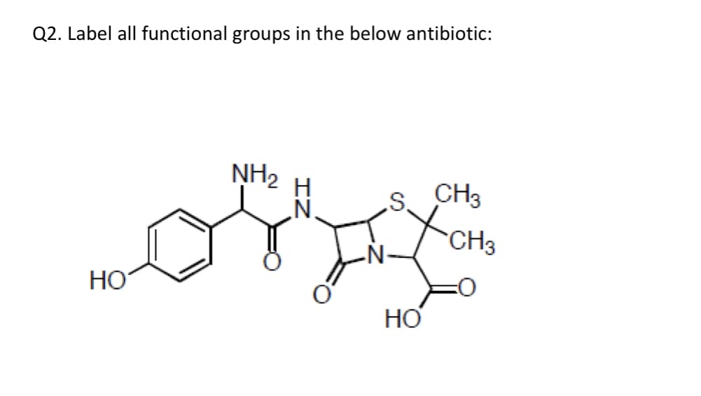 Q2. Label all functional groups in the below antibiotic:
ŅH2
H
.N.
CH3
.S.
`CH3
HO
