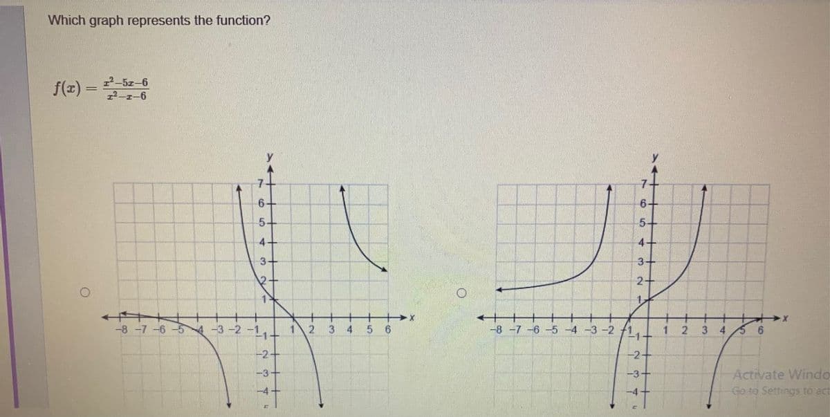 Which graph represents the function?
12-5z-6
f(z) =
6+
5-
4+
4+
3+
2+
17
-8-7-6-5
-3-2-1
1
2
3
6.
-8 -7 -6-5 -4 -3-2
1
-1-
5 6
3
-2-
-2-
Activate Windo-
Go to Settings to act
-3+
-3+
