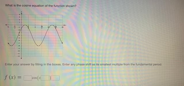 What is the cosine equation of the function shown?
-10
Enter your answer by filling in the boxes. Enter any phase shift as its smallest multiple from the fundamental period.
f (x) =
jcos(*

