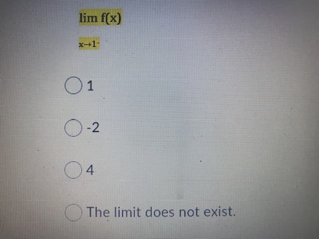 lim f(x)
x-1-
O-2
4
O The limit does not exist.

