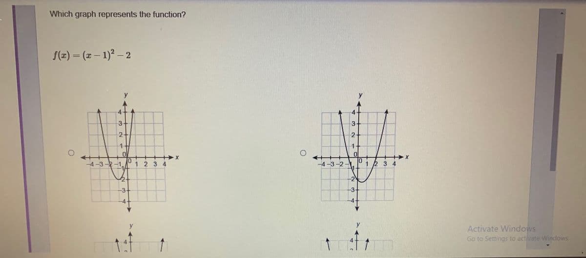 Which graph represents the function?
f(x) = (x – 1)² – 2
y
3.
3-
2+
2+
1
-4-3-2-1
1234
-3-2
1
3 4
1-
-2
-3+
-3
-4
y
Activate Windows
Go to Settings to activate Windows.
