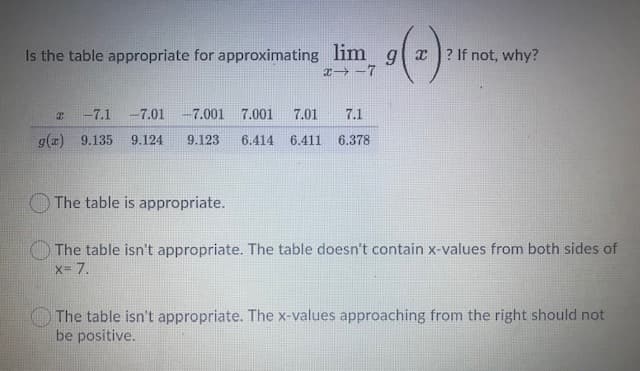 Is the table appropriate for approximating lim gx)? If not, why?
-7.1
-7.01
-7.001 7.001
7.01
7.1
g(x) 9.135
9.124
9.123
6.414
6.411
6.378
The table is appropriate.
The table isn't appropriate. The table doesn't contain x-values from both sides of
x= 7.
The table isn't appropriate. The x-values approaching from the right should not
be positive.
