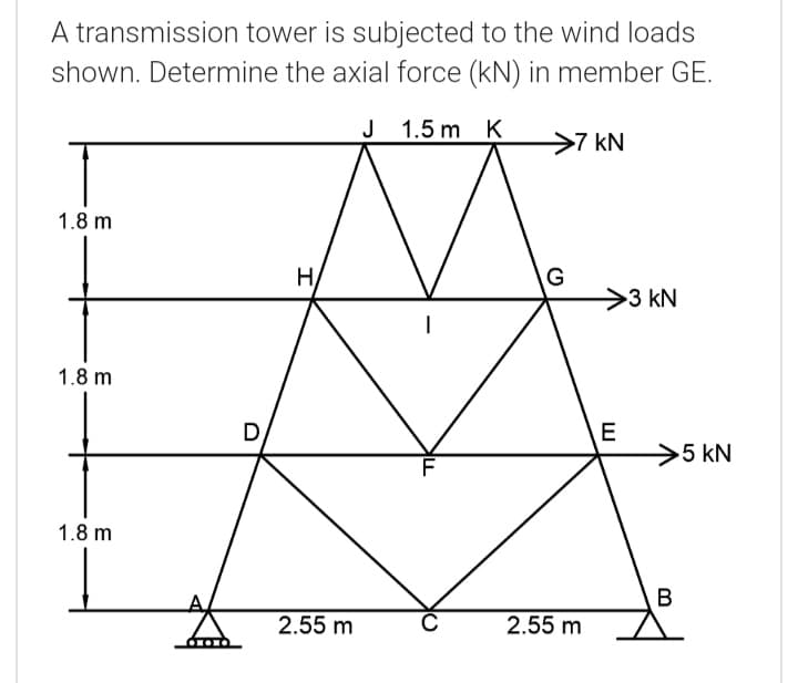 A transmission tower is subjected to the wind loads
shown. Determine the axial force (kN) in member GE.
J 1.5 m K
>7 kN
1.8 m
H
>3 kN
1.8 m
D
E
>5 kN
F
1.8 m
В
2.55 m
2.55 m
