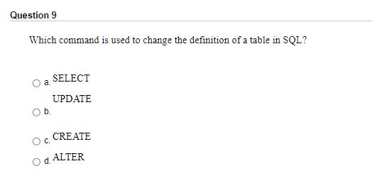 Question 9
Which command is used to change the definition of a table in SQL?
SELECT
a.
UPDATE
b.
CREATE
C.
ALTER
d.
