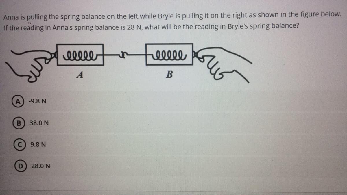 Anna is pulling the spring balance on the left while Bryle is pulling it on the right as shown in the figure below.
If the reading in Anna's spring balance is 28 N, what will be the reading in Bryle's spring balance?
ellle
elll
В
-9.8 N
38.0 N
C 9.8 N
28.0 N
