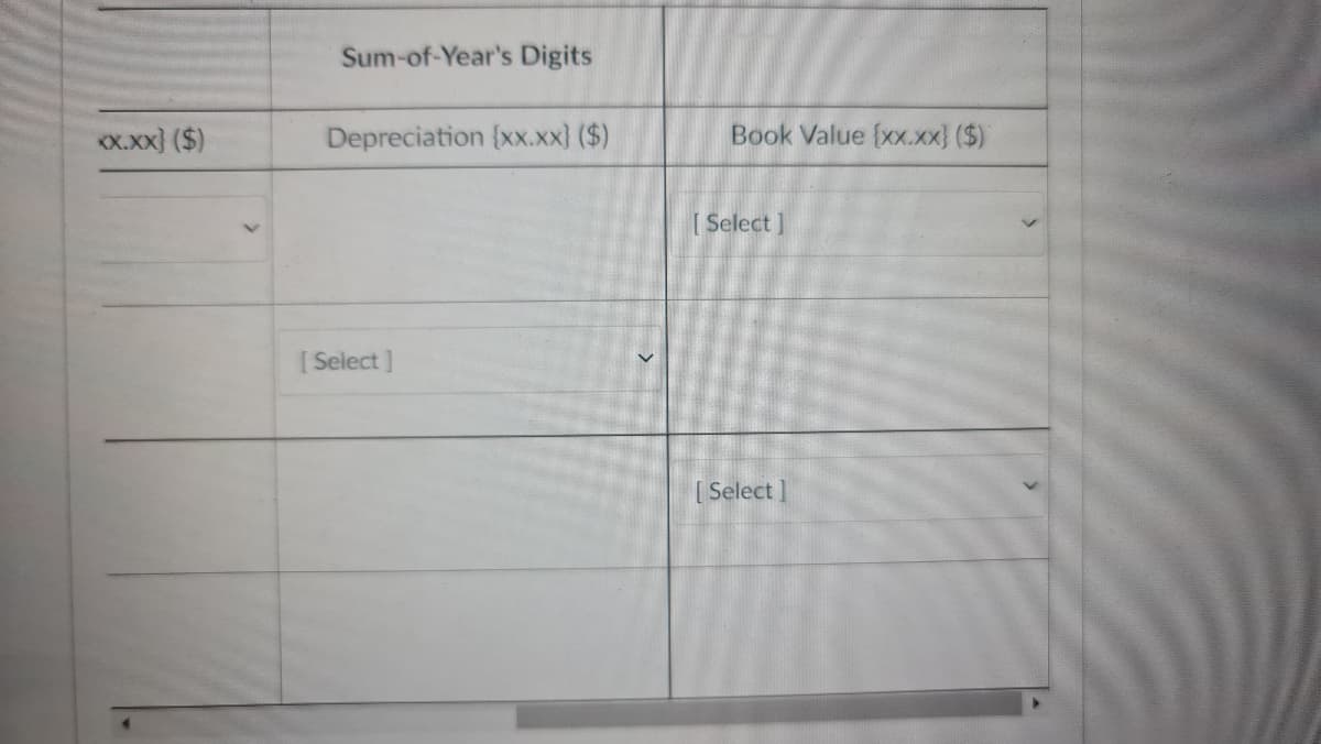 Sum-of-Year's Digits
XXx} ($)
Depreciation {xx.xx} ($)
Book Value (xx.Xx} ($)
[ Select ]
[ Select
[Select ]
