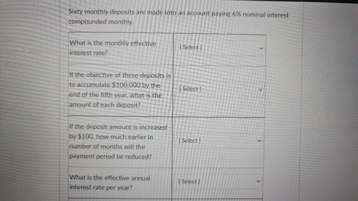 Sixty monthly deposits are made into an account paying 6% nominal interest
compounded monthly.
What is the monthly effective
[ Select ]
interest rate?
If the objective of these deposits is
to accumulate $100,000 by the
Select ]
end of the fifth year, what is the
amount of each deposit?
If the deposit amount is increased
by $100, how much earlier in
number of months will the
[ Select ]
payment period be reduced?
What is the effective annual
[ Select]
interest rate per year?
