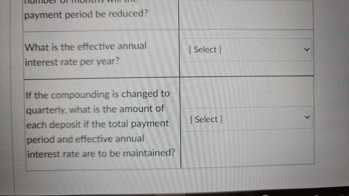 payment period be reduced?
What is the effective annual
interest rate per year?
[ Select ]
If the compounding is changed to
quarterly, what is the amount of
each deposit if the total payment
period and effective annual
interest rate are to be maintained?
[ Select ]
