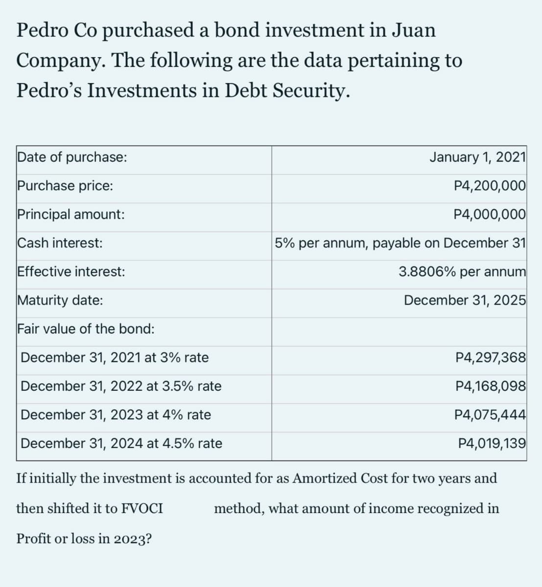 Pedro Co purchased a bond investment in Juan
Company. The following are the data pertaining to
Pedro's Investments in Debt Security.
Date of purchase:
January 1, 2021
Purchase price:
P4,200,000
Principal amount:
P4,000,000
Cash interest:
5% per annum, payable on December 31
Effective interest:
3.8806% per annum
Maturity date:
December 31, 2025
Fair value of the bond:
December 31, 2021 at 3% rate
P4,297,368
December 31, 2022 at 3.5% rate
P4,168,098
December 31, 2023 at 4% rate
P4,075,444
December 31, 2024 at 4.5% rate
P4,019,139
If initially the investment is accounted for as Amortized Cost for two years and
then shifted it to FVOCI
method, what amount of income recognized in
Profit or loss in 2023?

