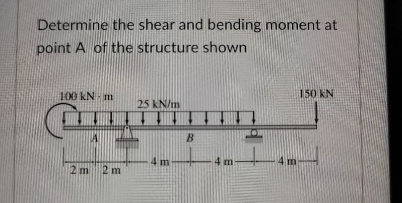 Determine the shear and bending moment at
point A of the structure shown
150 kN
100 kN - m
25 kN/m
4 m
4 m
4 m
2 m 2m
