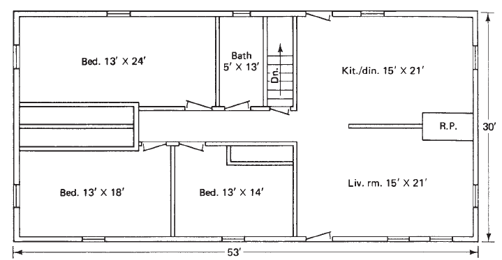 Bath
Bed. 13' x 24'
5' x 13'
Kit./din. 15' x 21'
R.P.
30'
Liv. rm. 15' X 21'
Bed. 13' X 18'
Bed. 13' X 14'
53'
