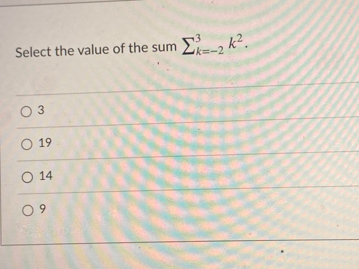 Select the value of the sum -2 k².
O 3
O 19
O 14
O 9
