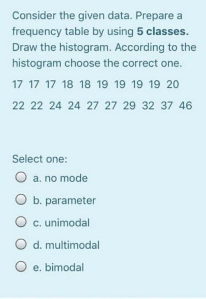 Consider the given data. Prepare a
frequency table by using 5 classes.
Draw the histogram. According to the
histogram choose the correct one.
17 17 17 18 18 19 19 19 19 20
22 22 24 24 27 27 29 32 37 46
Select one:
O a. no mode
O b. parameter
O c. unimodal
O d. multimodal
O e. bimodal
