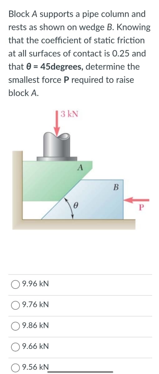 Block A supports a pipe column and
rests as shown on wedge B. Knowing
that the coefficient of static friction
at all surfaces of contact is 0.25 and
that 0 = 45degrees, determine the
smallest force P required to raise
block A.
3 kN
В
9.96 kN
9.76 kN
9.86 kN
9.66 kN
9.56 kN
