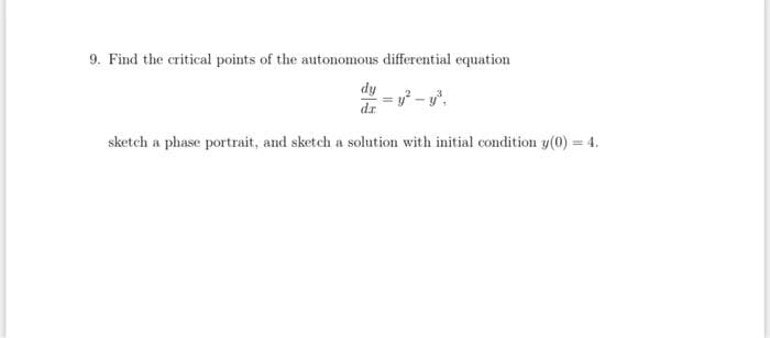 9. Find the critical points of the autonomous differential equation
dy
dr
sketch a phase portrait, and sketch a solution with initial condition y(0) = 4.
%3D
