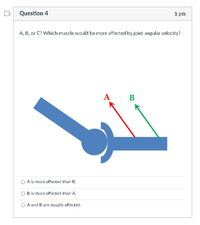 Question 4
1 pts
A, B, or C? Which muscle would be more affected by joint angular velocity?
A B
A is more affected than B.
B is more affected than A.
O A and B are equally affected.
