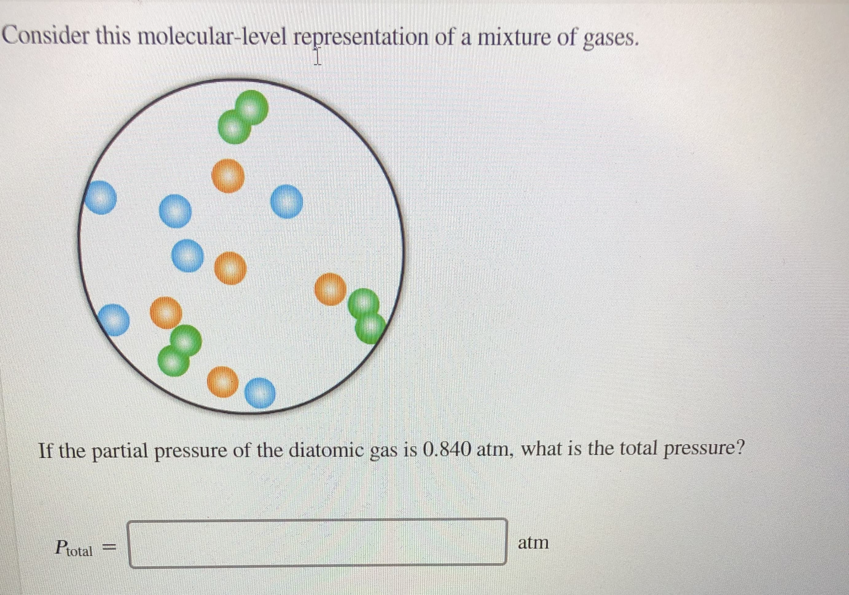 Consider this molecular-level representation of a mixture of gases.
If the partial pressure of the diatomic gas is 0.840 atm, what is the total pressure?
Ptotal
atm
%3D
