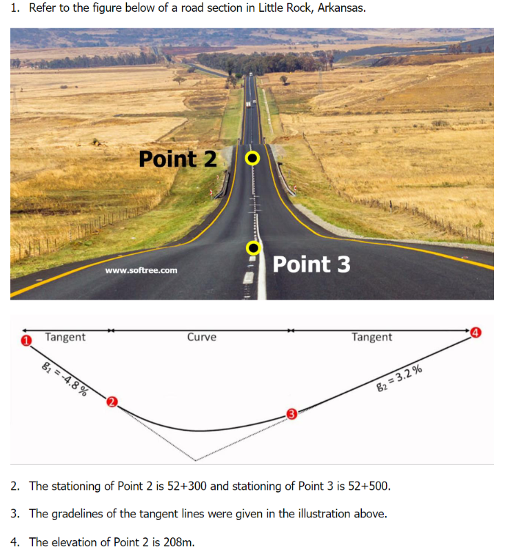 1. Refer to the figure below of a road section in Little Rock, Arkansas.
Point 2
Point 3
www.softree.com
Tangent
Curve
Tangent
81 = -4.8 %
82 = 3.2 %
2. The stationing of Point 2 is 52+300 and stationing of Point 3 is 52+500.
3. The gradelines of the tangent lines were given in the illustration above.
4. The elevation of Point 2 is 208m.
