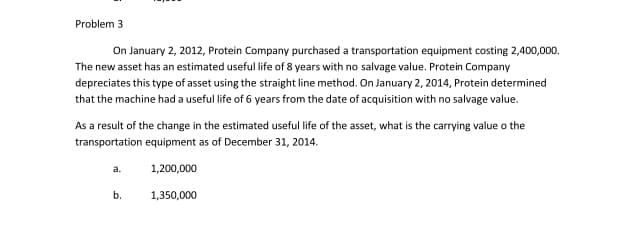 Problem 3
On January 2, 2012, Protein Company purchased a transportation equipment costing 2,400,000.
The new asset has an estimated useful life of 8 years with no salvage value. Protein Company
depreciates this type of asset using the straight line method. On January 2, 2014, Protein determined
that the machine had a useful life of 6 years from the date of acquisition with no salvage value.
As a result of the change in the estimated useful life of the asset, what is the carrying value o the
transportation equipment as of December 31, 2014.
a.
1,200,000
b.
1,350,000
