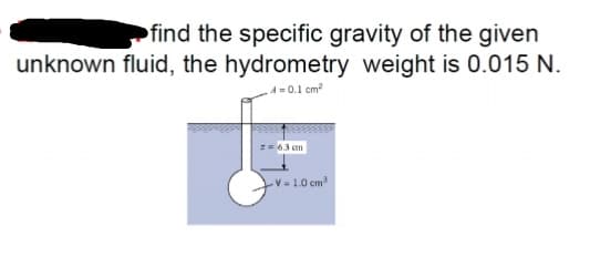 find the specific gravity of the given
unknown fluid, the hydrometry weight is 0.015 N.
A0.1 cm?
== 6.3 em
-V= 1.0 cm
