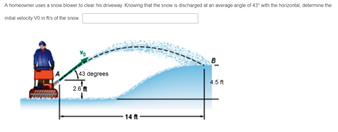 A homeowner uses a snow blower to clear his driveway. Knowing that the snow is discharged at an average angle of 43° with the horizontal, determine the
initial velocity VO in ft/s of the snow.
B
43 degrees
4.5 ft
2.6 ft
14 ft
