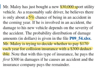 | Mr. Maloy has just bought a new $30,000 sport utility
vehicle. As a reasonably safe driver, he believes there
is only about a 5% chance of being in an accident in
the coming year. If he is involved in an accident, the
damage to his new vehicle depends on the severity of
the accident. The probability distribution of damage
amounts (in dollars) is given in the file P09_54.xlsx.
Mr. Maloy is trying to decide whether to pay $170
each year for collision insurance with a $300 deduct-
ible. Note that with this type of insurance, he pays the
first $300 in damages if he causes an accident and the
insurance company pays the remainder.
