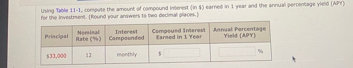 Using Table 11-1, compute the amount of compound interest (in $) earned in 1 year and the annual percentage yield (APY)
for the investment. (Round your answers to two decimal places.)
Compound Interest
Earned in 1 Year
Annual Percentage
Yield (APY)
Nominal
Interest
Principal
Rate (%) Compounded
$33,000
12
monthly
%24
